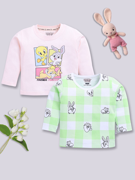 Tinyo Looney Tunes Printed Cotton T-shirt Set For Infant Girls (Assorted, Pack Of 2)
