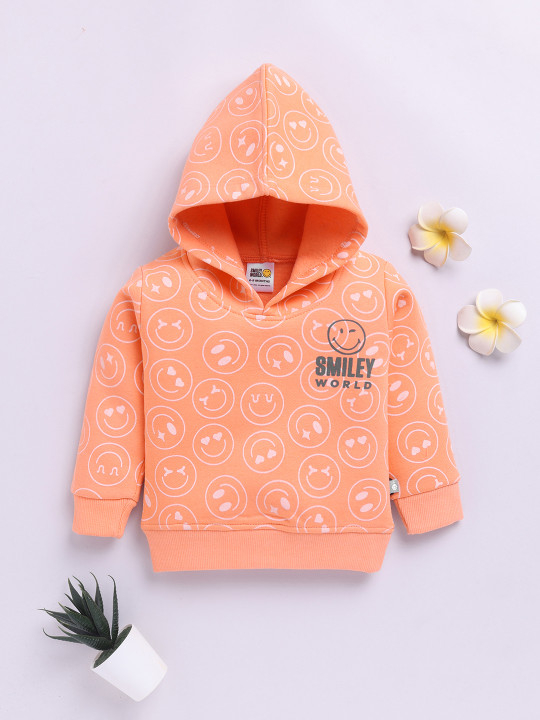 Tinyo Infant Boys Smiley Graphic Printed Fleece Hooded Sweatshirt (Orange, Pack Of 1)