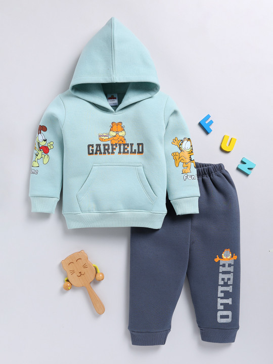Tinyo Garfield Printed Sweatshirt With Joggers Clothing Set For Infant Boys (Olive & Black, Pack Of 1)