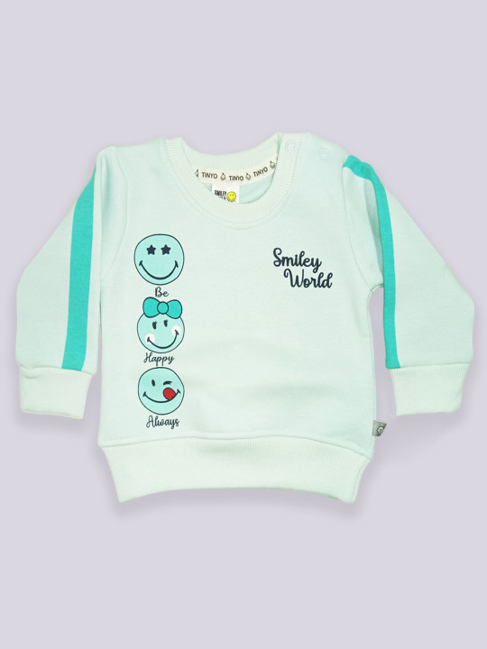 Tinyo Infant Girls Smiley World Printed Full Sleeves Sweatshirt (Sea Green, Pack Of 1)