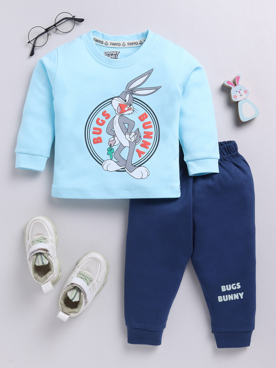 Tinyo Bugs Bunny Printed Pure Cotton T-shirt With Joggers For Infant Boys (Blue, Pack Of 1)