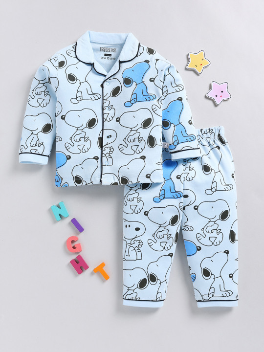 Tinyo Snoopy Printed Pure Cotton Night Suit For Infant Boys (Blue, Pack Of 1)