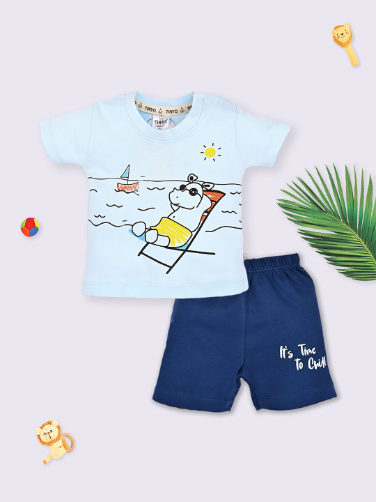 Tinyo Printed Pure Cotton Top with Shorts for Infant Boys (Blue, Pack Of 1)
