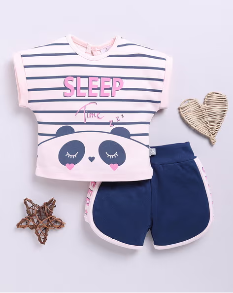 Tinyo Striped 100% Cotton T-shirt & Shorts Set for Infant Girls (Airforce Blue, Pack Of 1)