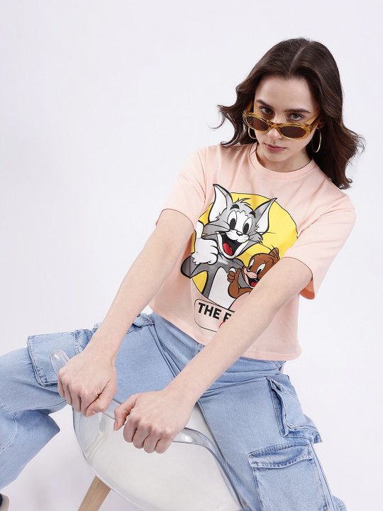 Minute Mirth Women Tom & Jerry Printed Boxy Fit Top (Peach, Pack of 1)