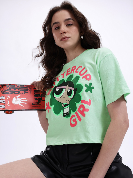 Minute Mirth Women Polyester Powerpuff Girls Humor & Comic Printed Crop Boxy T-shirt (Green, Pack Of 1)