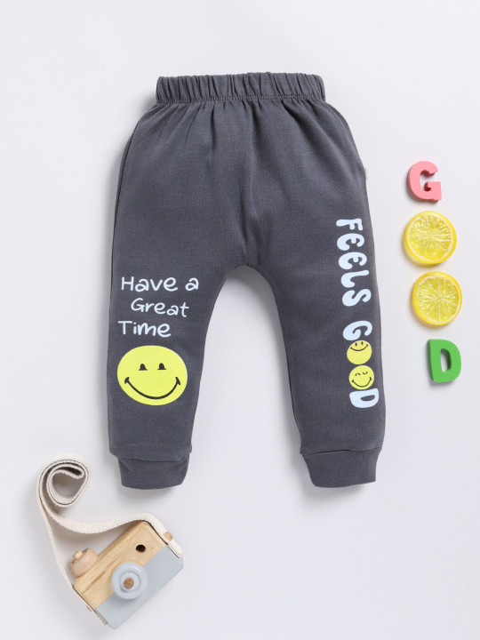 Tinyo Smiley World Printed Pure Cotton Joggers For Infant Girls (Grey, Pack Of 1)