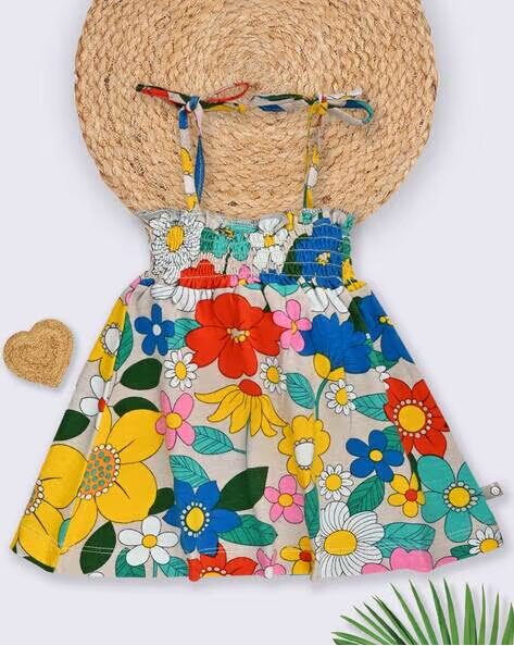 Tinyo Floral Print Smocked Strappy Fit & Flare Dress For Infant Girls (Multi Colour, Pack Of 1)