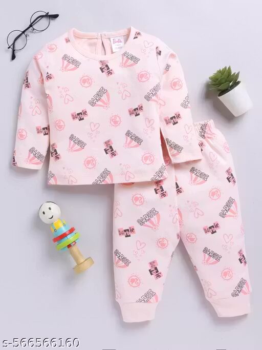 Tinyo Infant Girls Printed Cotton Blend Top & Bottom Clothing Set (Barbie, Pink, Pack Of 1)