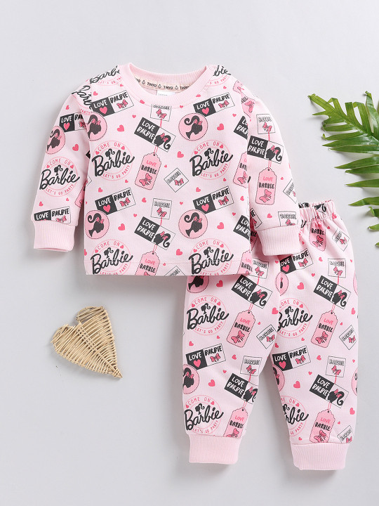 Tinyo Barbie Printed Pure Cotton T-shirt with Joggers Clothing Set for Infant Girls (Assorted, Pack of 2)
