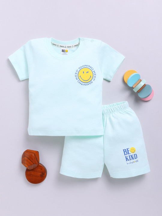 Tinyo Smiley World Printed Pure Cotton T-shirt With Shorts For Infant Boys (Sea Green, Pack Of 1)