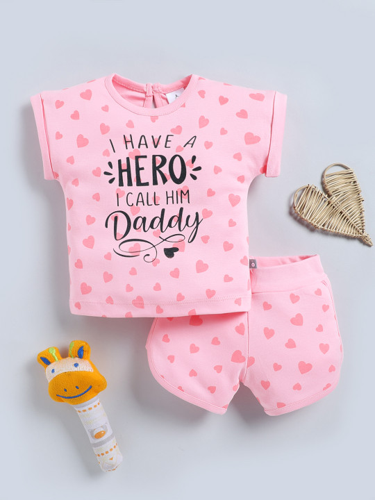 Tinyo Typography Printed Pure Cotton T-shirt With Shorts For Infant Girls (Pink, Pack Of 1)