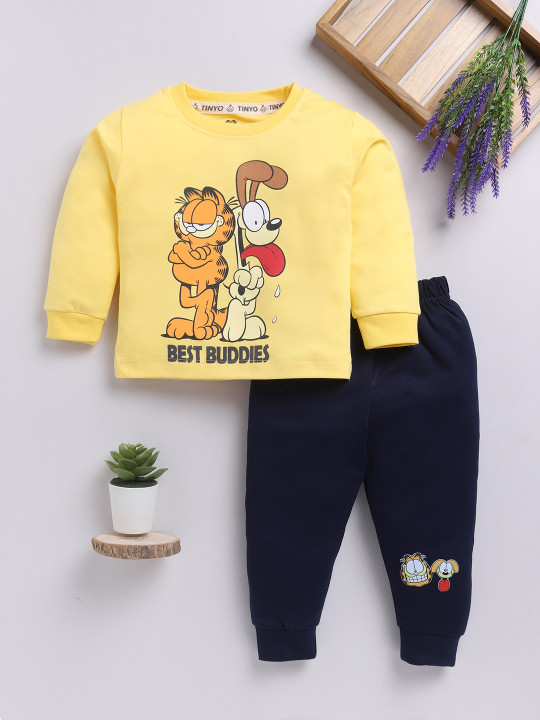 Tinyo Garfield Printed Pure Cotton T-shirt With Joggers For Infant Boys (Yellow, Pack Of 1)