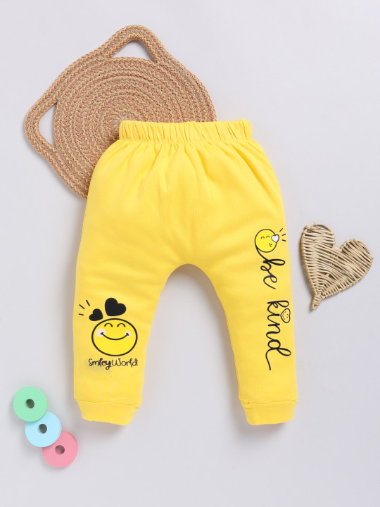 Tinyo Smiley Printed Pure Cotton Joggers For Infant Girls (Yellow, Pack Of 1)