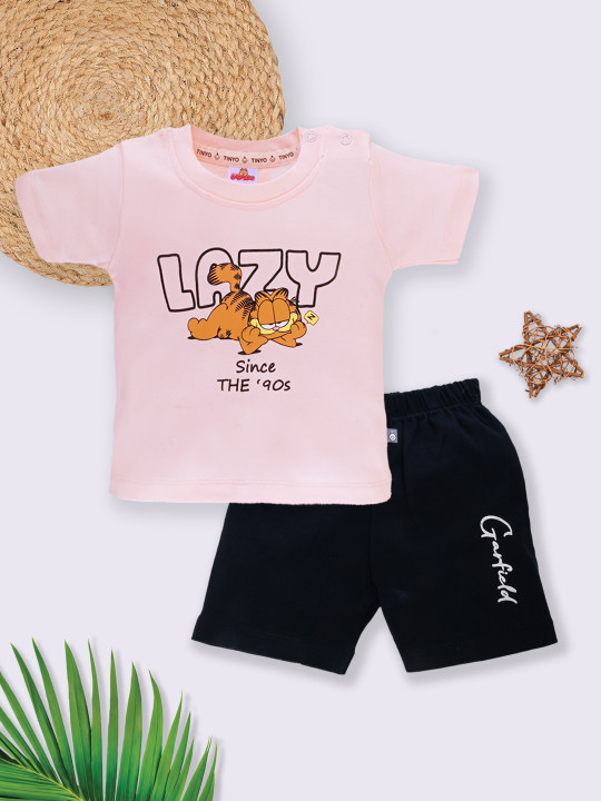 Tinyo Garfield Printed Pure Cotton T-shirt With Shorts For Infant Boys (Peach, Pack Of 1)