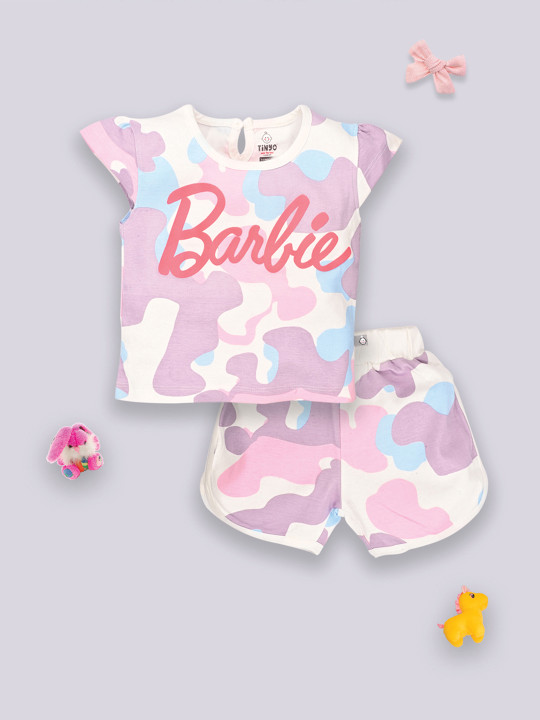 Tinyo Barbie Printed 100% Cotton T-Shirt & Shorts Set For Infant Girls (Multi-Coloured, Pack Of 1)