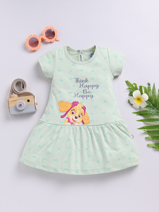 Tinyo Infant Girls Paw Patrol Printed Pure Cotton A-Line Dress (Green, Pack Of 1)