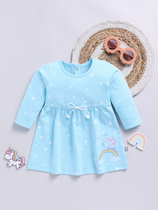 Tinyo Infant Girls Printed Cotton Flared Dress (Blue, Pack Of 1)