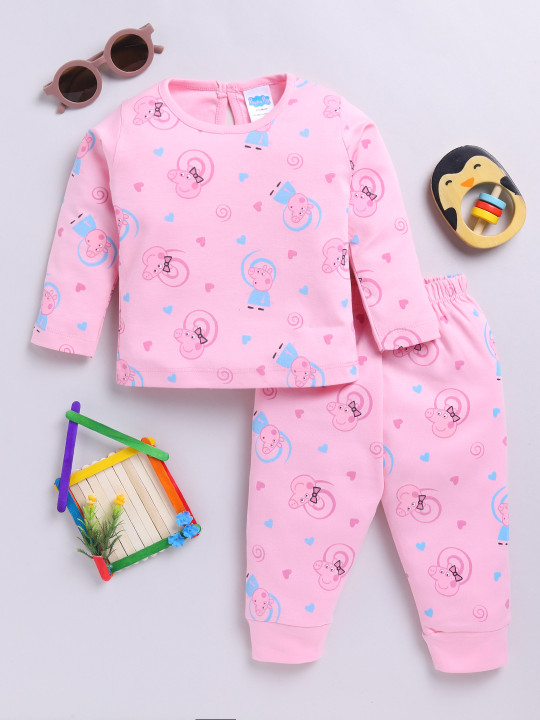 Tinyo Peppa Pig Printed Pure Cotton Top With Joggers Clothing Set For Infant Girls (Pink & Blue, Pack Of 1)