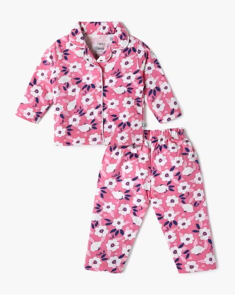 Tinyo Floral Printed Pure Cotton Shirt With Pyjamas For Infants (Pink, Pack Of 1)