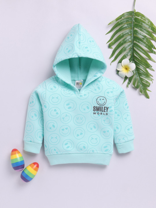 Tinyo Infant Boys Smiley Graphic Printed Fleece Hooded Sweatshirt (Turquoise Blue, Pack Of 1)