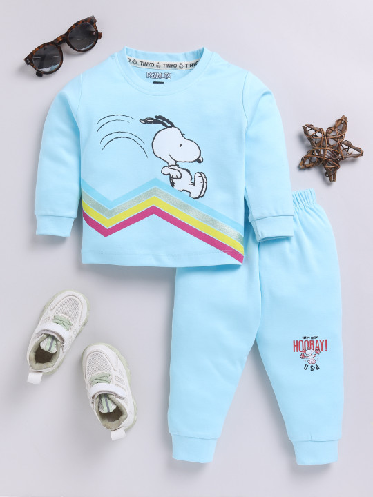 Tinyo Peanuts Printed Pure Cotton T-shirt With Joggers For Infant Boys (Aqua,Pack Of 1)