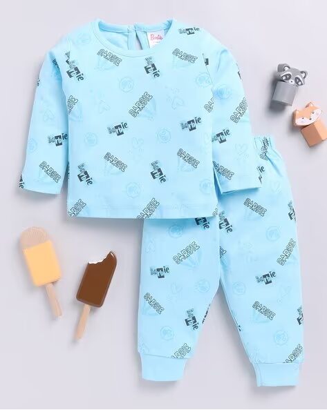 Tinyo Infant Girls Barbie Printed Cotton T-Shirt & Joggers Set (Aqua, Pack Of 1)