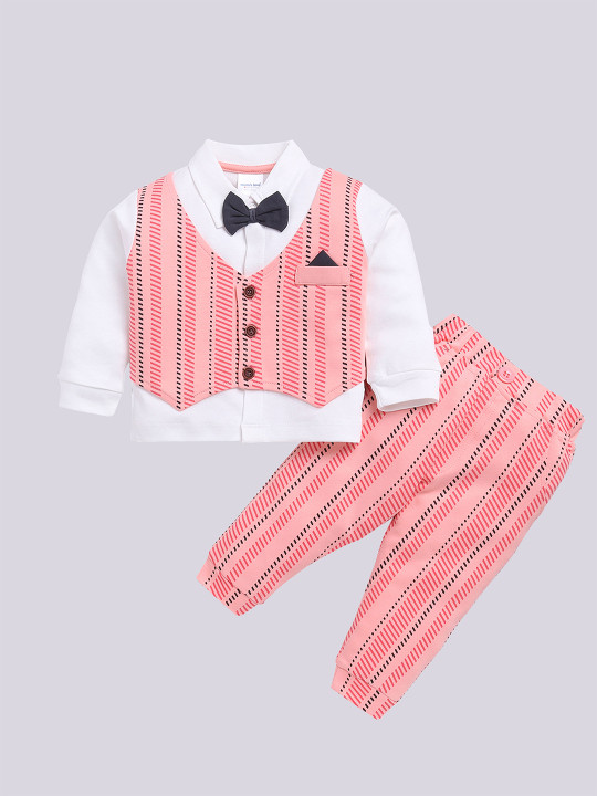 Moms Love Printed Cotton Shirt & Joggers Set for Infant Boys (Peach & White, Pack of 1)