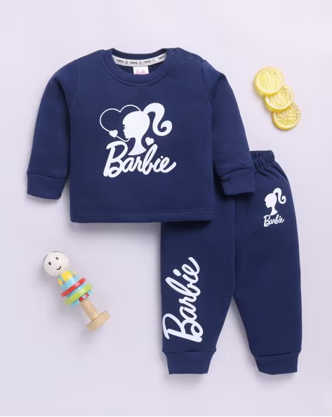 Tinyo Barbie Print Cotton Blend Sweatshirt & Pants Set For Infant Girls (Navy, Pack Of 1)