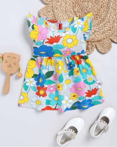 Tinyo Floral Printed Pure Cotton Fit & Flare Dress For Infant Girls (Multicolor, Pack Of 1)