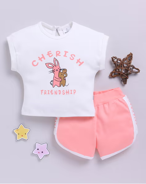 Tinyo Graphic Print 100% Cotton T-shirt & Shorts Set for Infant Girls (Peach, Pack Of 1)