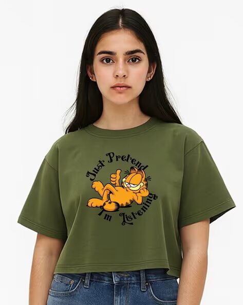 Women Garfield Printed Boxy Fit Crop Top