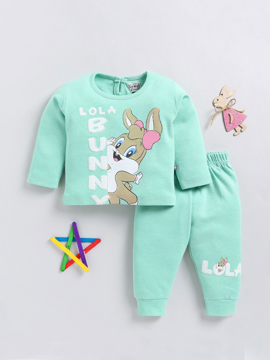 Tinyo Lola Bunny Printed Pure Cotton Top With Joggers Clothing Set For Infant Girls (Green, Pack Of 1)