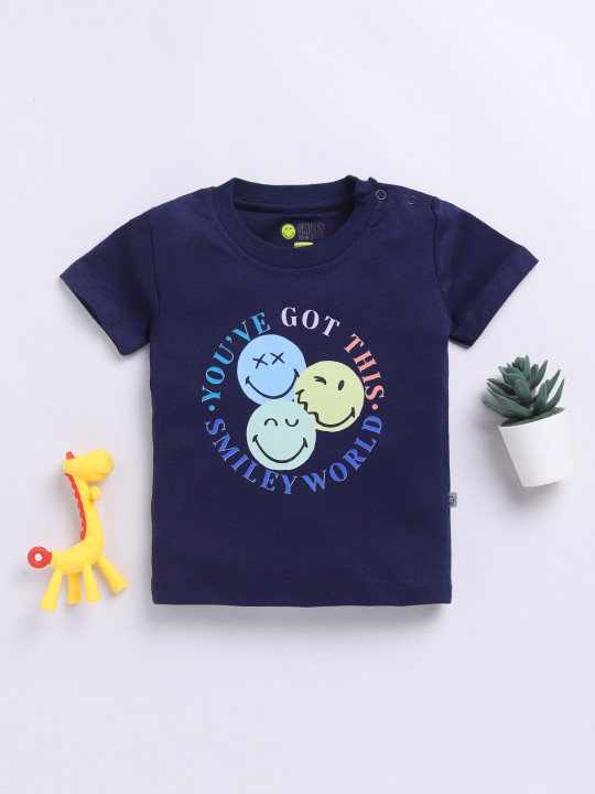 Tinyo Smiley World Conversational Printed Pure Cotton T-shirt for Girls (Navy Blue, Pack of 1)