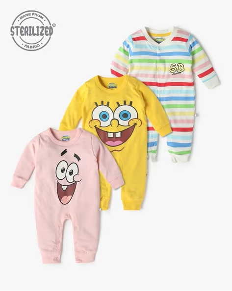 Tinyo Girls Pack of 3 Spongebob Print Cotton Rompers (Assorted, Pack Of 3)