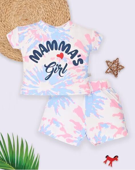 Tinyo Typographic Print 100% Cotton T-Shirt & Shorts Set For Infant Girls (Multicolor, Pack Of 1)