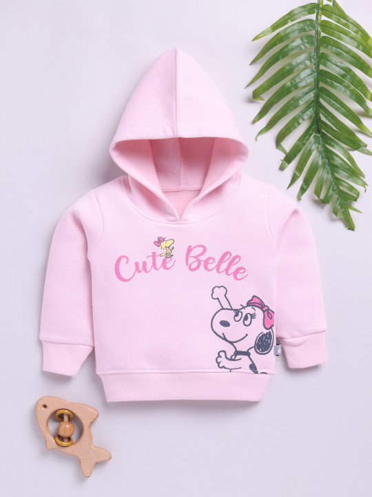 Tinyo Infant Girls Peanuts Graphic Printed Fleece Hooded Sweatshirt (Pink, Pack Of 1)