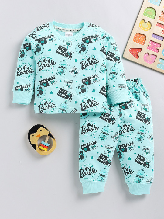 Tinyo Barbie Printed Pure Cotton T-shirt with Joggers Clothing Set for Infant Girls (Pack of 1)
