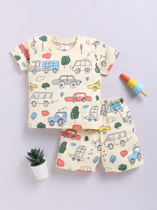 Tinyo Printed Pure Cotton T-shirt With Shorts For Infant Boys (Cream, Pack Of 1)