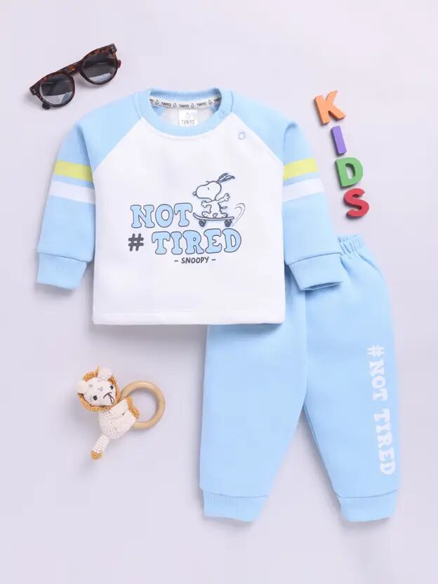 Tinyo Peanuts Printed Fleece Sweatshirt With Sweatpant For Baby Boys (Medium Blue, Pack Of 1)