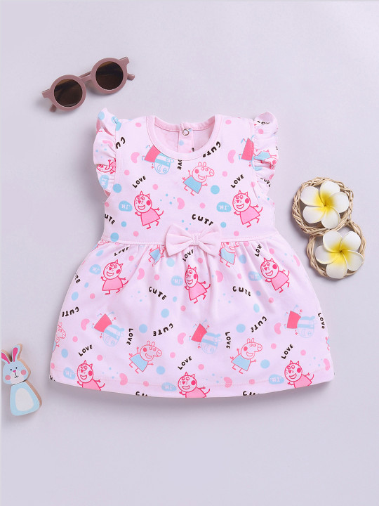 Tinyo Peppa Pig Printed Cotton Fit & Flare Dress for Infant Girls (Baby Pink, Pack of 1)