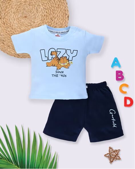 Tinyo Garfield Graphic Printed Pure Cotton T-shirt with Shorts Set For Infant Boys (Powder Blue, Pack Of 1)