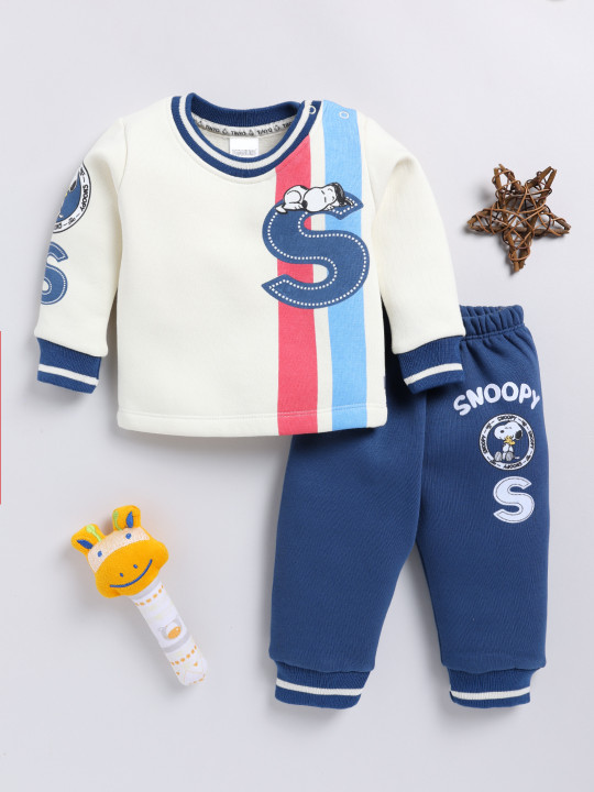 Tinyo Snoopy Printed Sweatshirt With Joggers Clothing Set For Infant Boys (Cream & Blue, Pack Of 1)