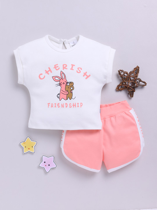 Tinyo Printed Pure Cotton Top with Shorts for Girls (White & Peach, Pack Of 1)