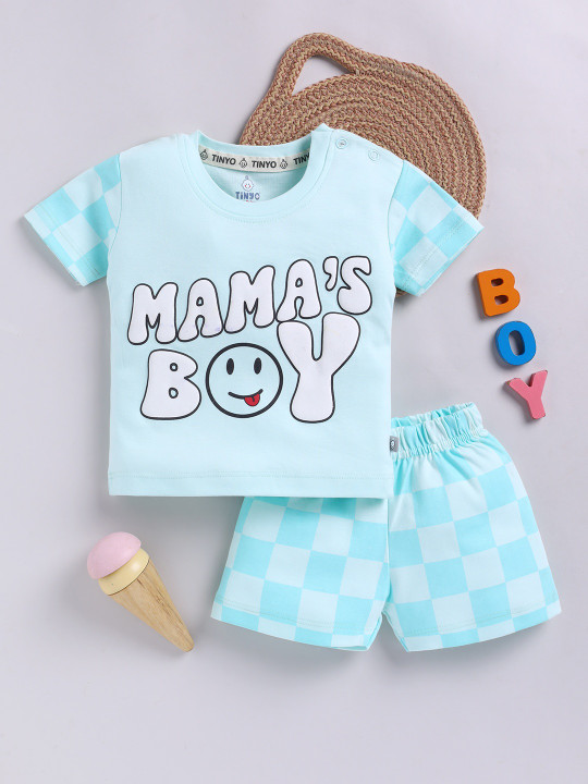 Tinyo Infant Boys Smiley World Printed Pure Cotton T-shirt with Shorts (Green, Pack of 1)