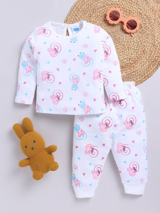 Tinyo Peppa Pig Printed Pure Cotton Top With Joggers Clothing Set For Infant Girls (White & Blue, Pack Of 1)