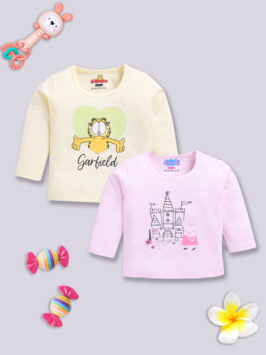Tinyo Garfield Printed Cotton T-shirt Set For Infant Girls (Assorted, Pack Of 2)