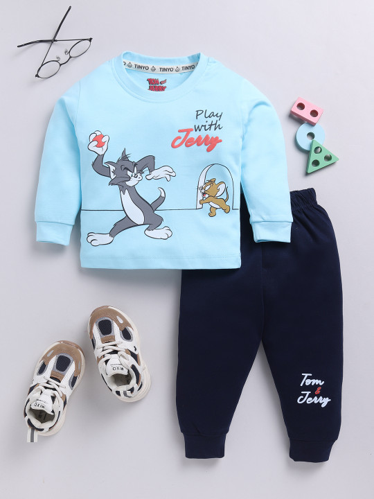 Tinyo Tom & Jerry Printed Pure Cotton T-shirt With Joggers For Infant Boys (Blue, Pack Of 1)