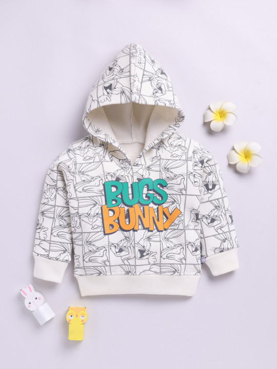 Tinyo Infant Boys Bugs Bunny Graphic Printed Fleece Hooded Sweatshirt (Cream, Pack Of 1)