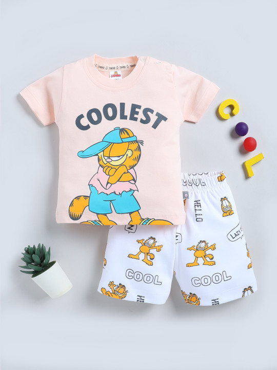 Tinyo Garfield Printed Pure Cotton T-Shirt With Shorts For Infant Boys (Peach, Pack Of 1)